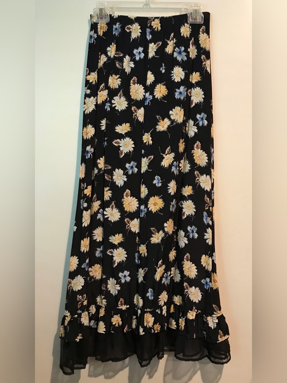 Black Floral Maxi Skirt with Yellow and Blue Blooms S